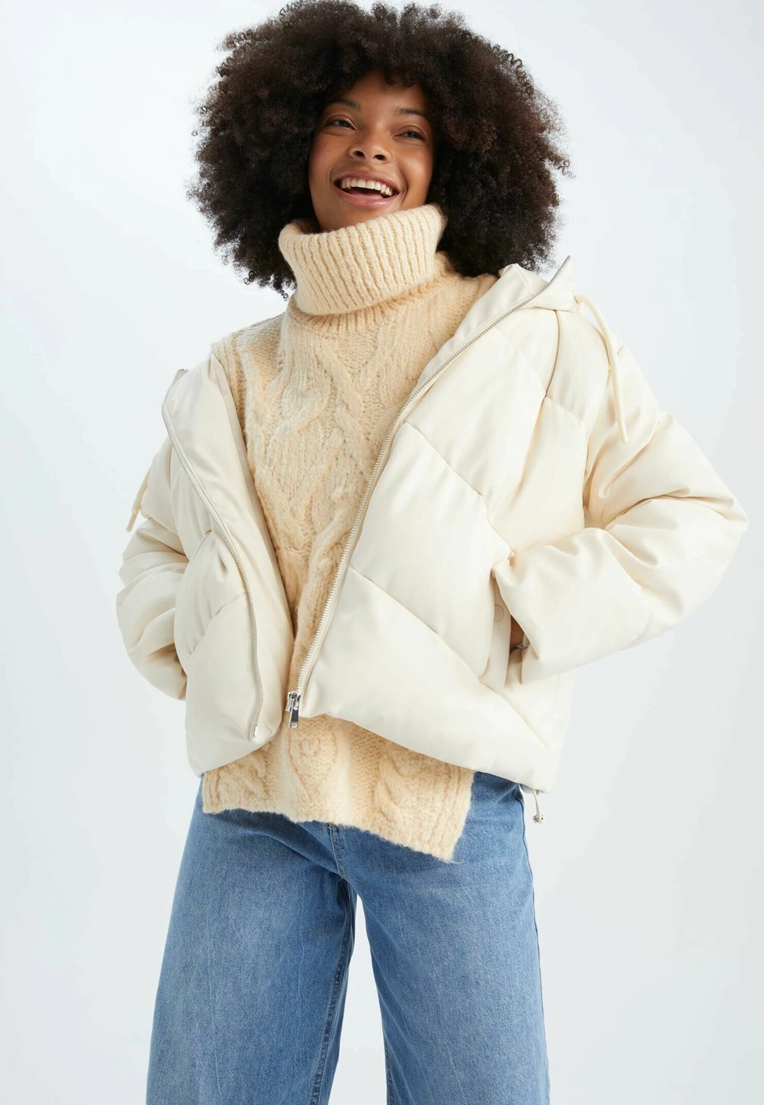 DeFacto Relax Fit- Imitatieleren Jas - Ecru 3 DeFacto Relax Fit- Imitatieleren Jas - Ecru