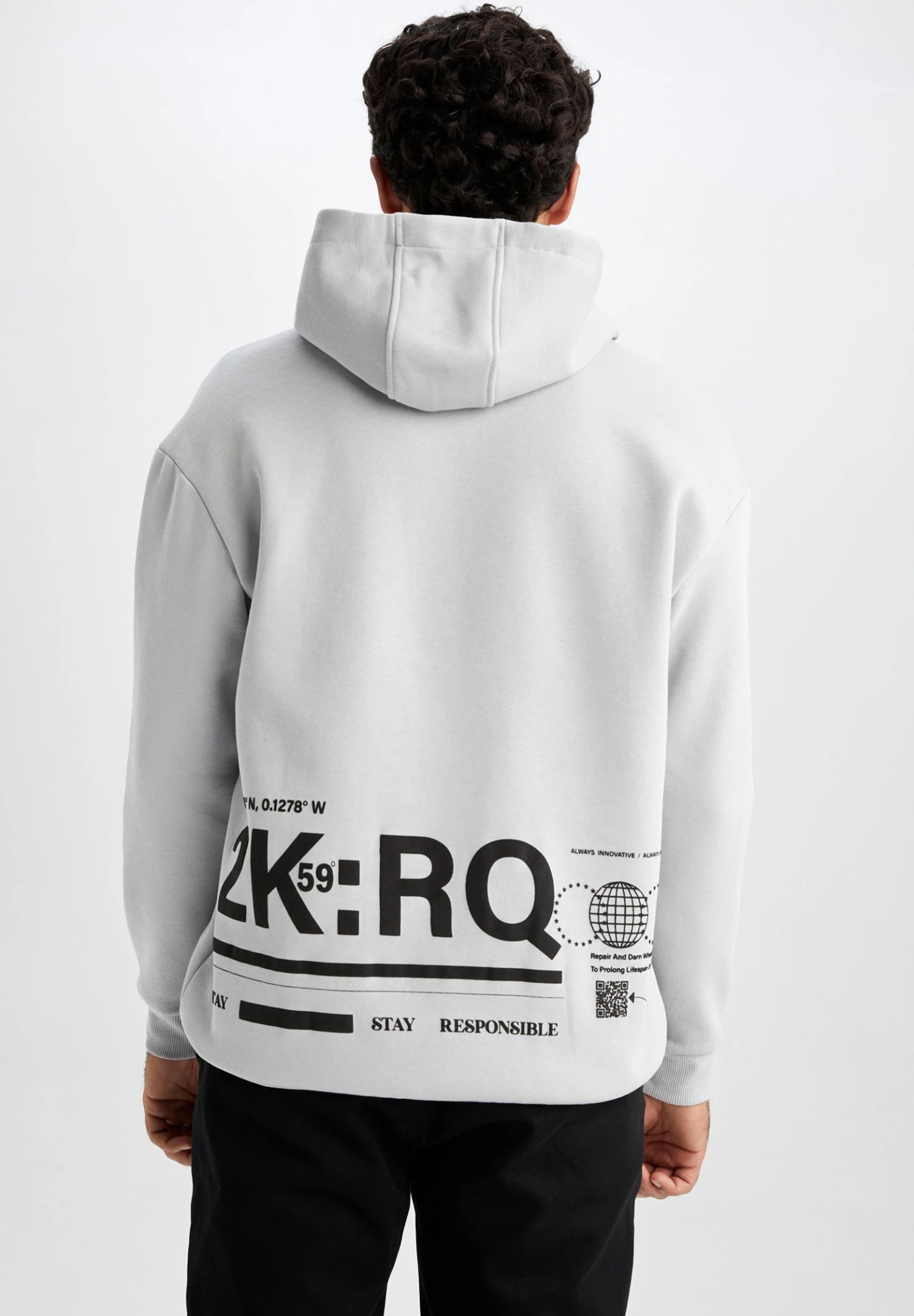 DeFacto Boxy Fit- Hoodie - Grey 3 DeFacto Boxy Fit- Hoodie - Grey
